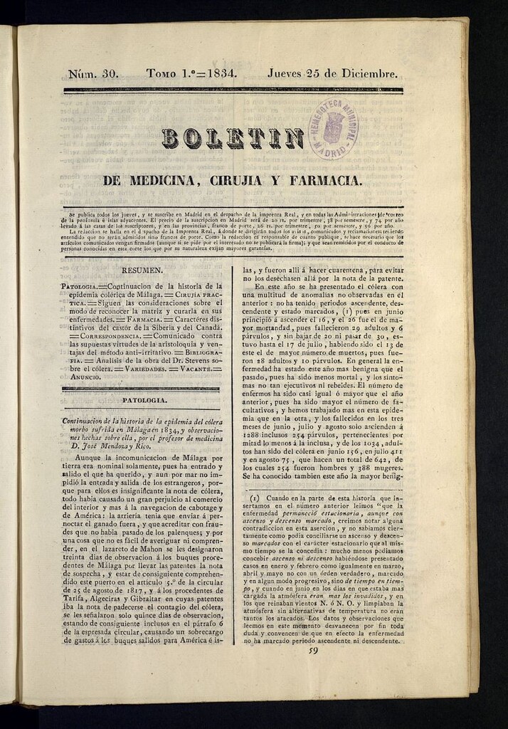 Miniatura de Boletín de Medicina, Cirugía y Farmacia del 25 de diciembre de 1834