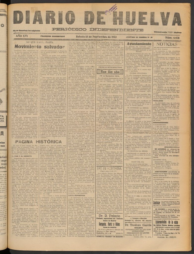 Miniatura de Diario de Huelva : periódico independiente del 15 de septiembre de 1923