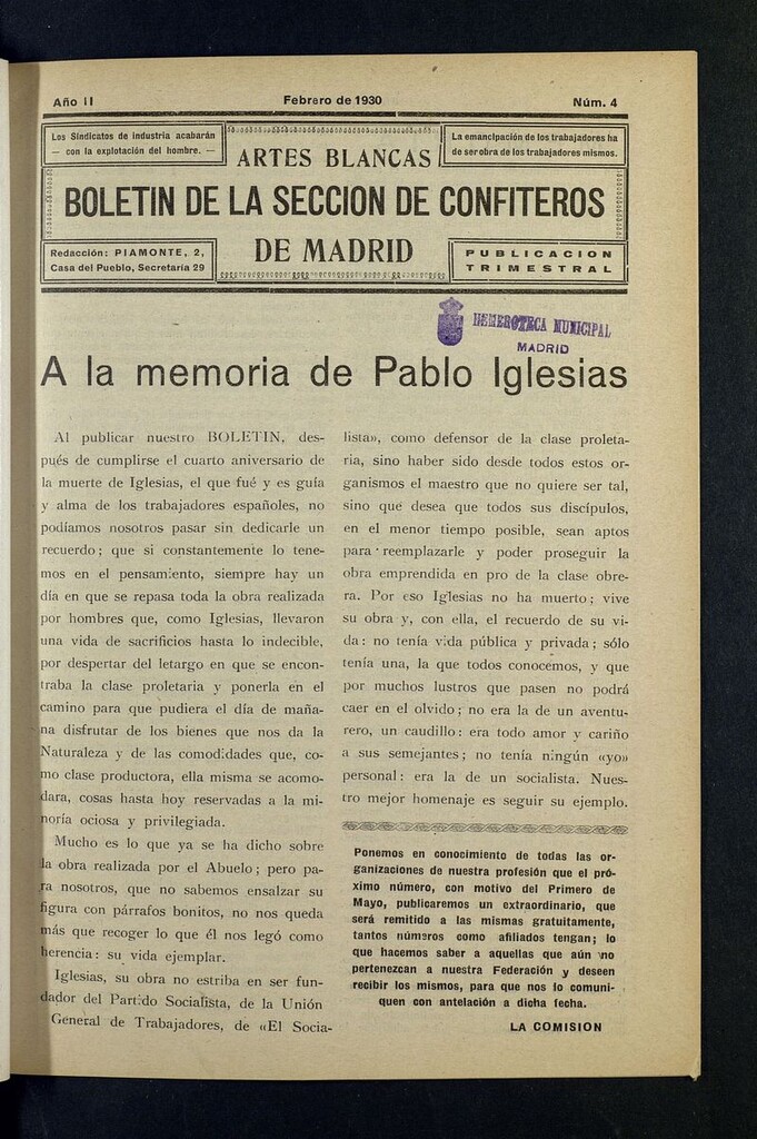 Miniatura de Boletín de la Sección de Confiteros de Madrid: Artes Blancas de febrero de 1930