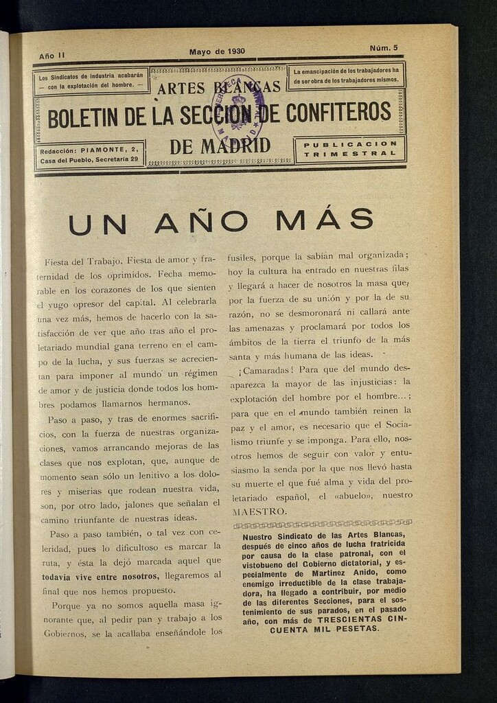 Miniatura de Boletín de la Sección de Confiteros de Madrid: Artes Blancas de mayo de 1930
