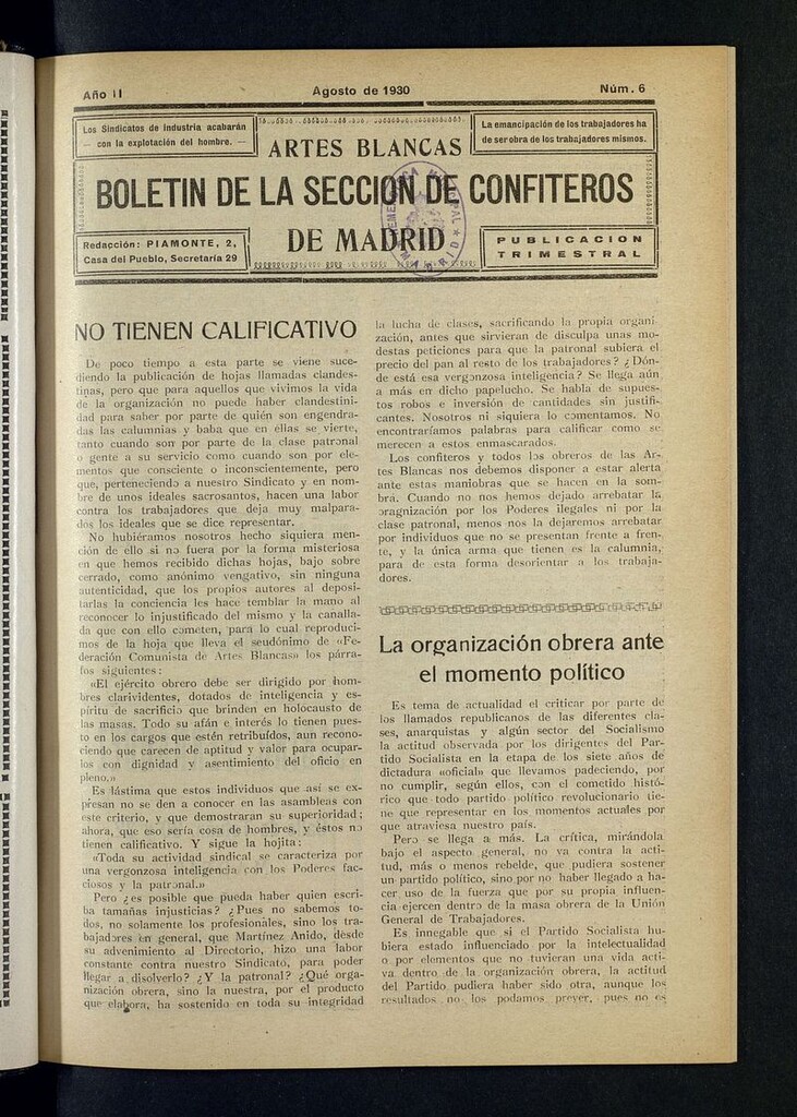 Miniatura de Boletín de la Sección de Confiteros de Madrid: Artes Blancas de agosto de 1930