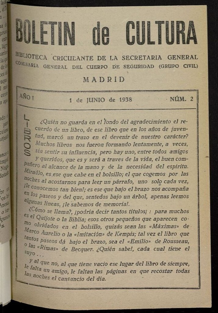 Miniatura de Boletín de Cultura: Boletín Circulante de la Secretaría General del 1 de junio de 1938