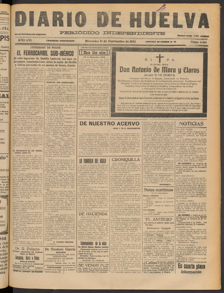 Miniatura de Diario de Huelva : periódico independiente del 19 de septiembre de 1923