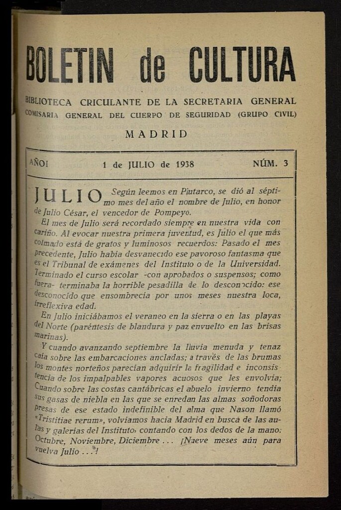 Miniatura de Boletín de Cultura: Boletín Circulante de la Secretaría General del 1 de julio de 1938