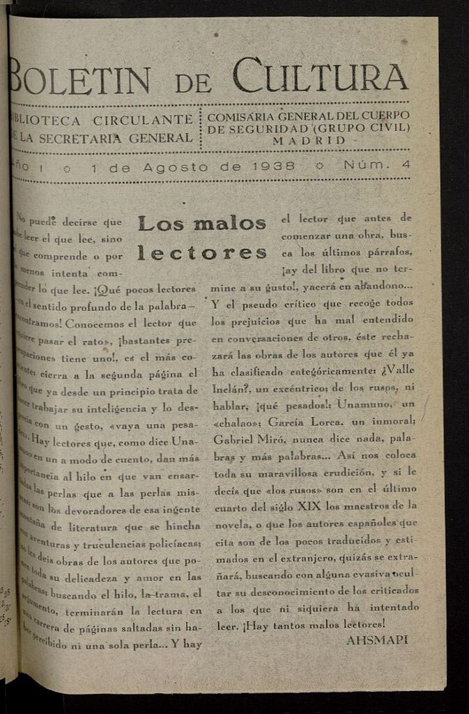 Miniatura de Boletín de Cultura: Boletín Circulante de la Secretaría General del 1 de agosto de 1938