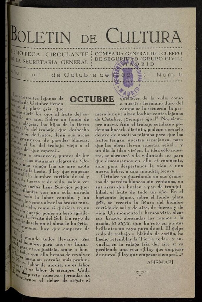 Miniatura de Boletín de Cultura: Boletín Circulante de la Secretaría General del 1 de octubre de 1938