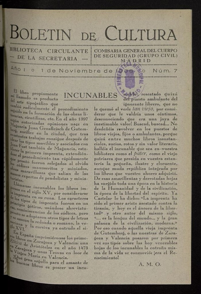 Miniatura de Boletín de Cultura: Boletín Circulante de la Secretaría General del 1 de noviembre 1938