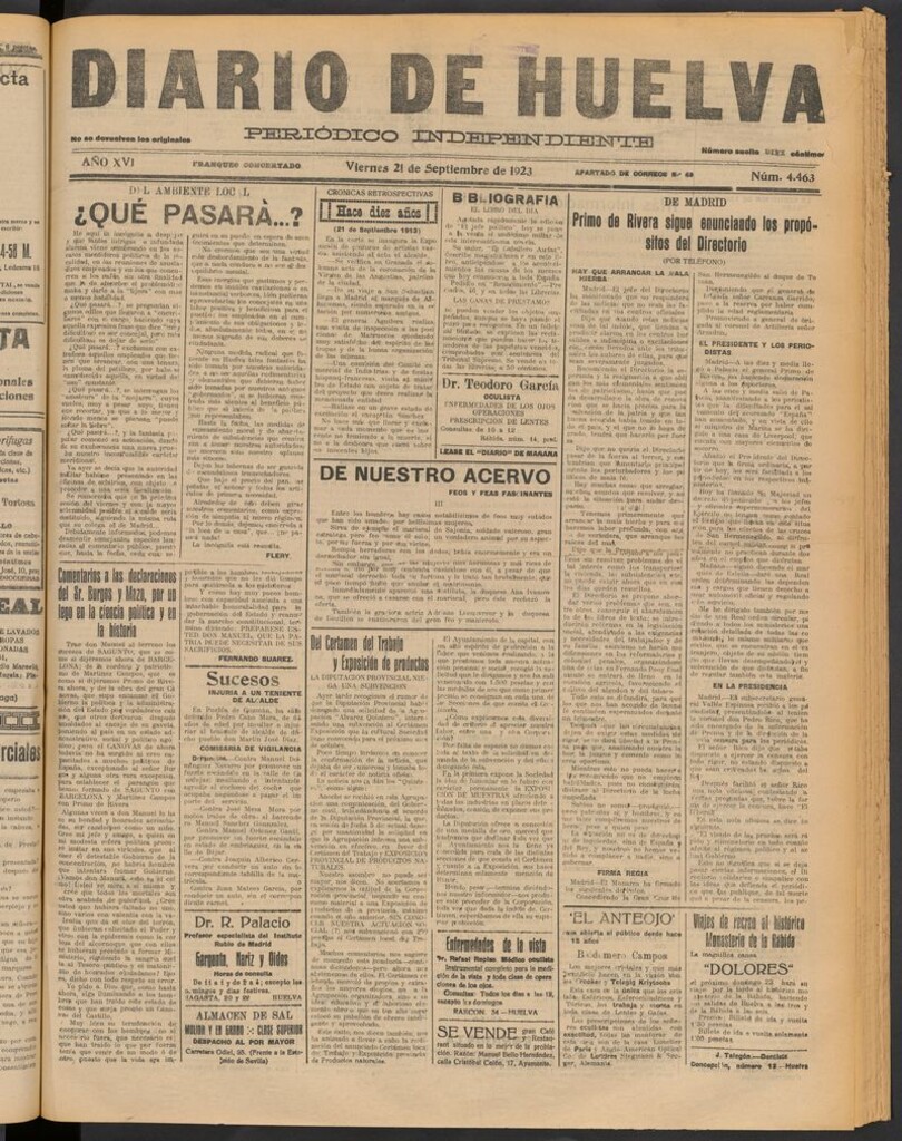 Miniatura de Diario de Huelva : periódico independiente del 21 de septiembre de 1923