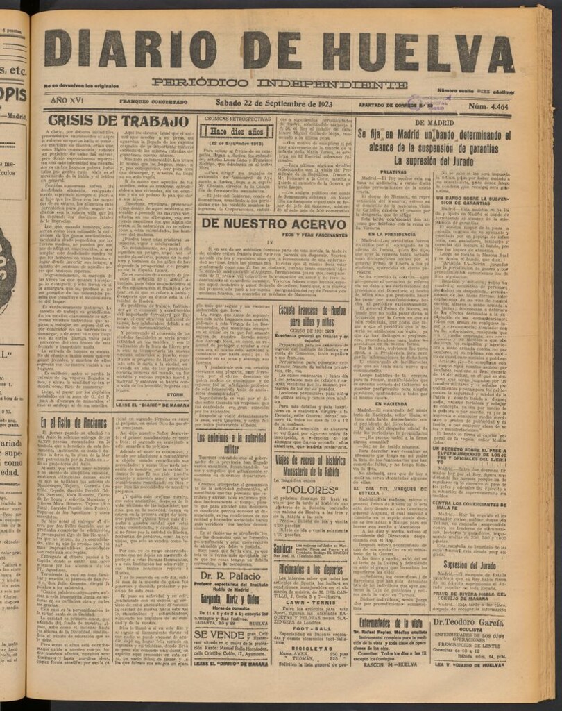 Miniatura de Diario de Huelva : periódico independiente del 22 de septiembre de 1923