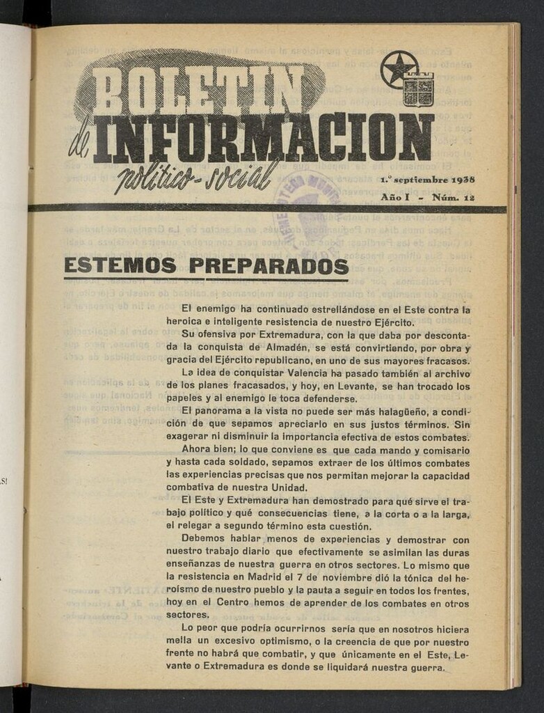 Miniatura de Boletín Información Político-Social (1938-1939) del 1 de septiembre de 1938