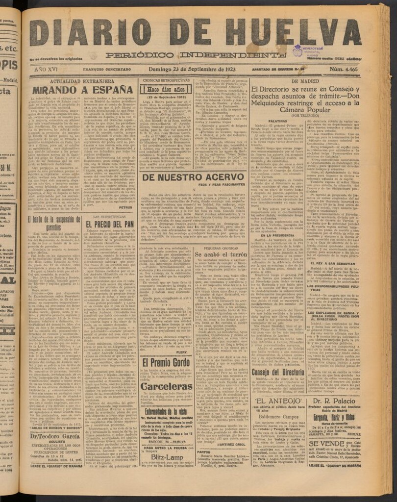 Miniatura de Diario de Huelva : periódico independiente del 23 de septiembre de 1923