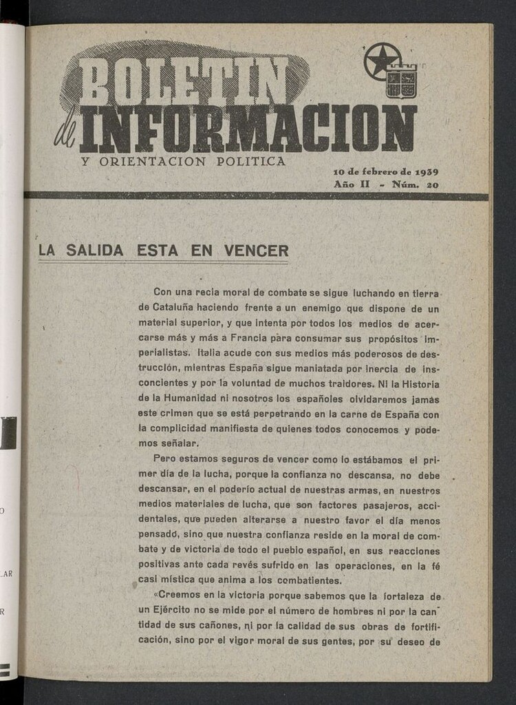 Miniatura de Boletín Información Político-Social (1938-1939) del 10 de febrero de 1939