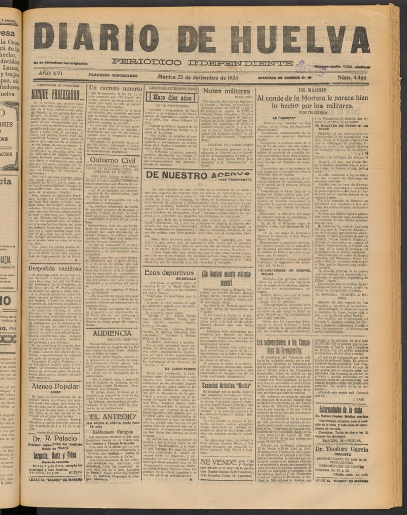 Miniatura de Diario de Huelva : periódico independiente del 25 de septiembre de 1923