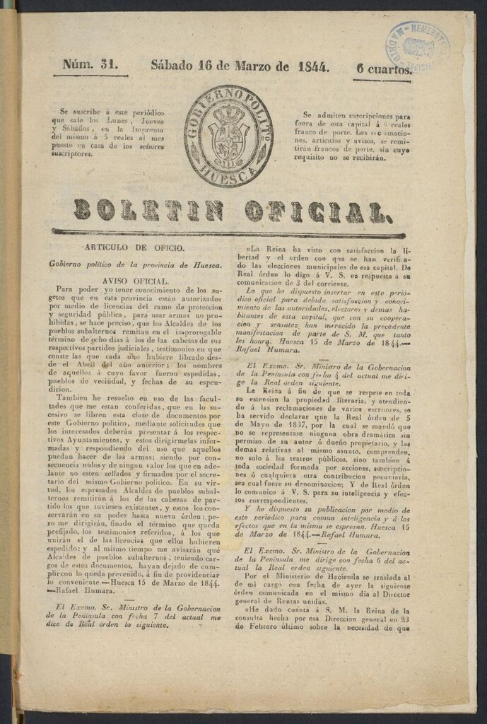 Miniatura de Boletín Oficial de la Provincia de Huesca del 16 de marzo de 1844