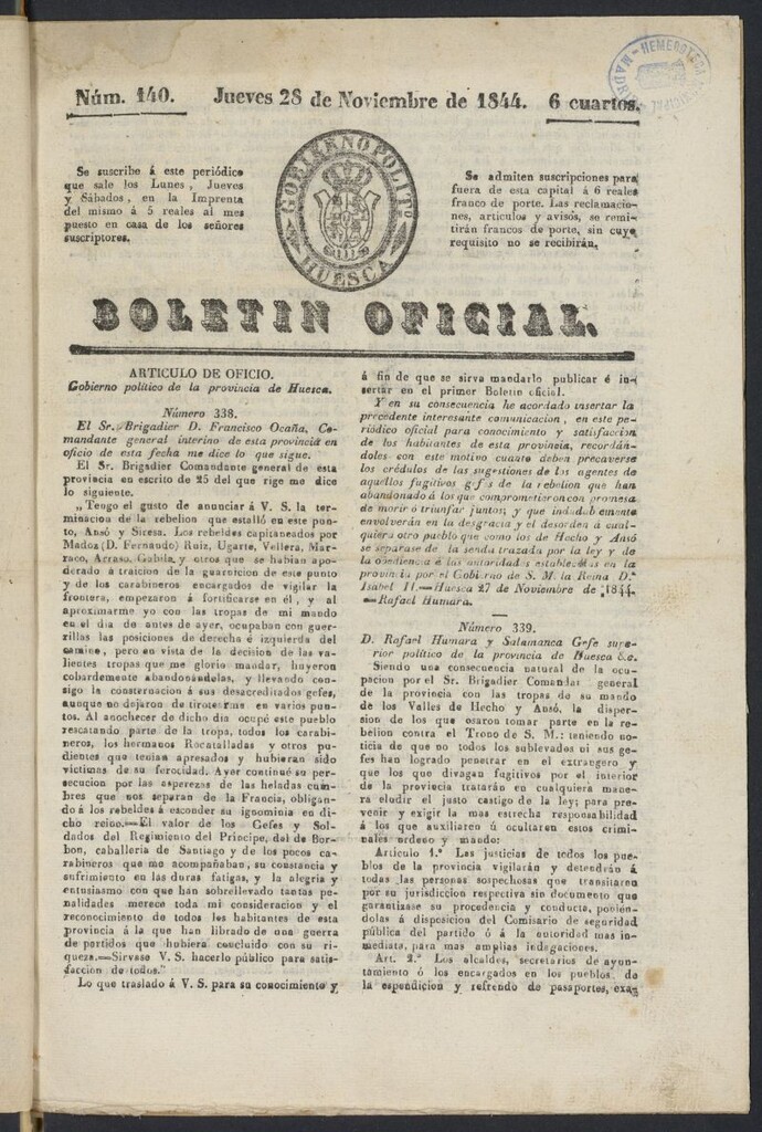 Miniatura de Boletín Oficial de la Provincia de Huesca del 28 de noviembre de 1844
