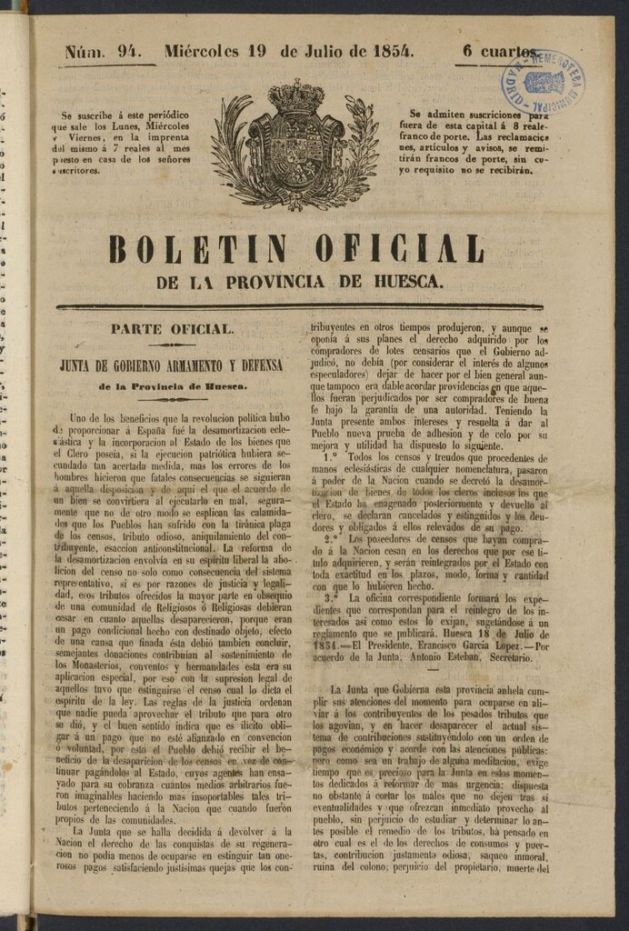 Miniatura de Boletín Oficial de la Provincia de Huesca del 19 de julio de 1854