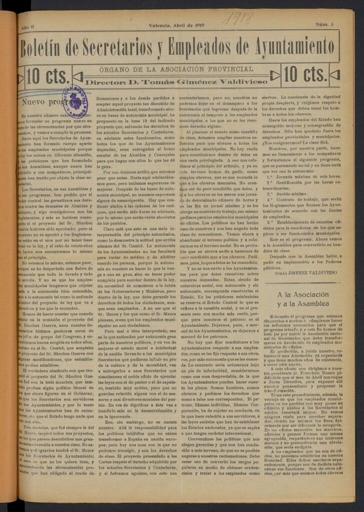 Miniatura de Boletín de Secretarios y Empleados del Ayuntamiento de Valencia de abril de 1919