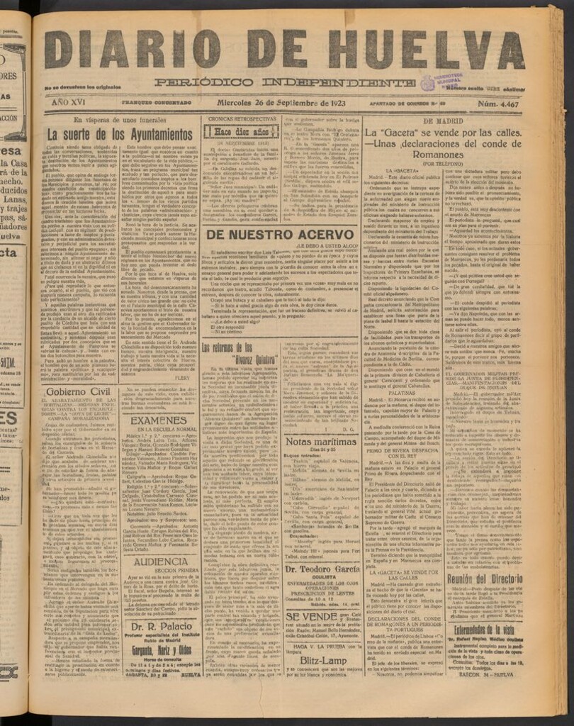 Miniatura de Diario de Huelva : periódico independiente del 26 de septiembre de 1923
