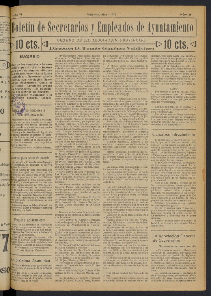 Miniatura de Boletín de Secretarios y Empleados del Ayuntamiento de Valencia de mayo de 1923