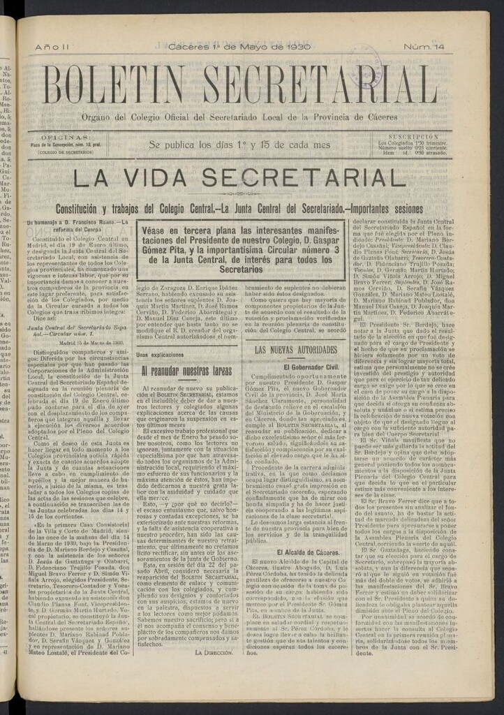 Miniatura de Boletín Secretarial (Cáceres. 1929) del 1 de mayo de 1930
