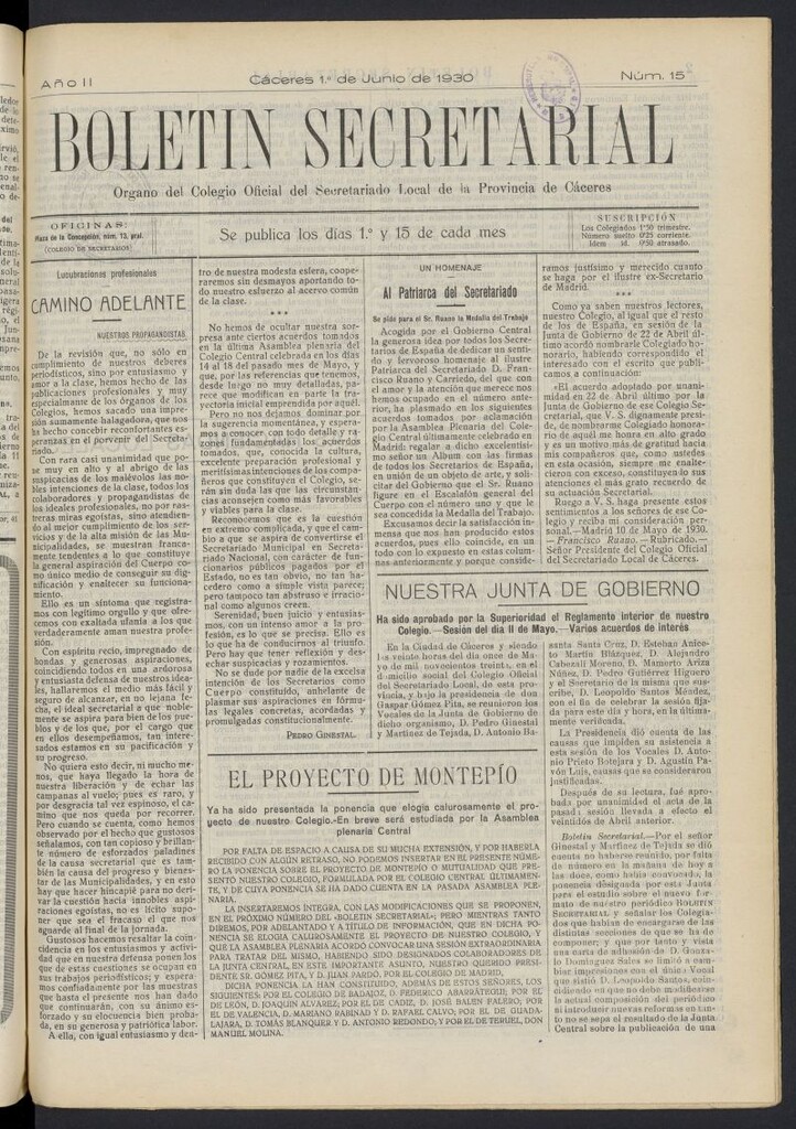 Miniatura de Boletín Secretarial (Cáceres. 1929) del 1 de junio de 1930