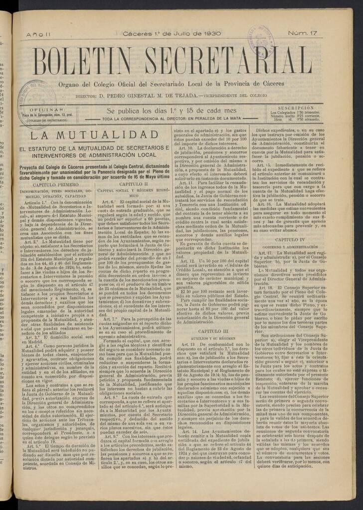 Miniatura de Boletín Secretarial (Cáceres. 1929) del 1 de julio de 1930