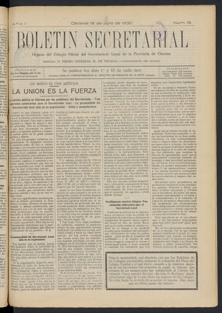 Miniatura de Boletín Secretarial (Cáceres. 1929) del 15 de julio de 1930
