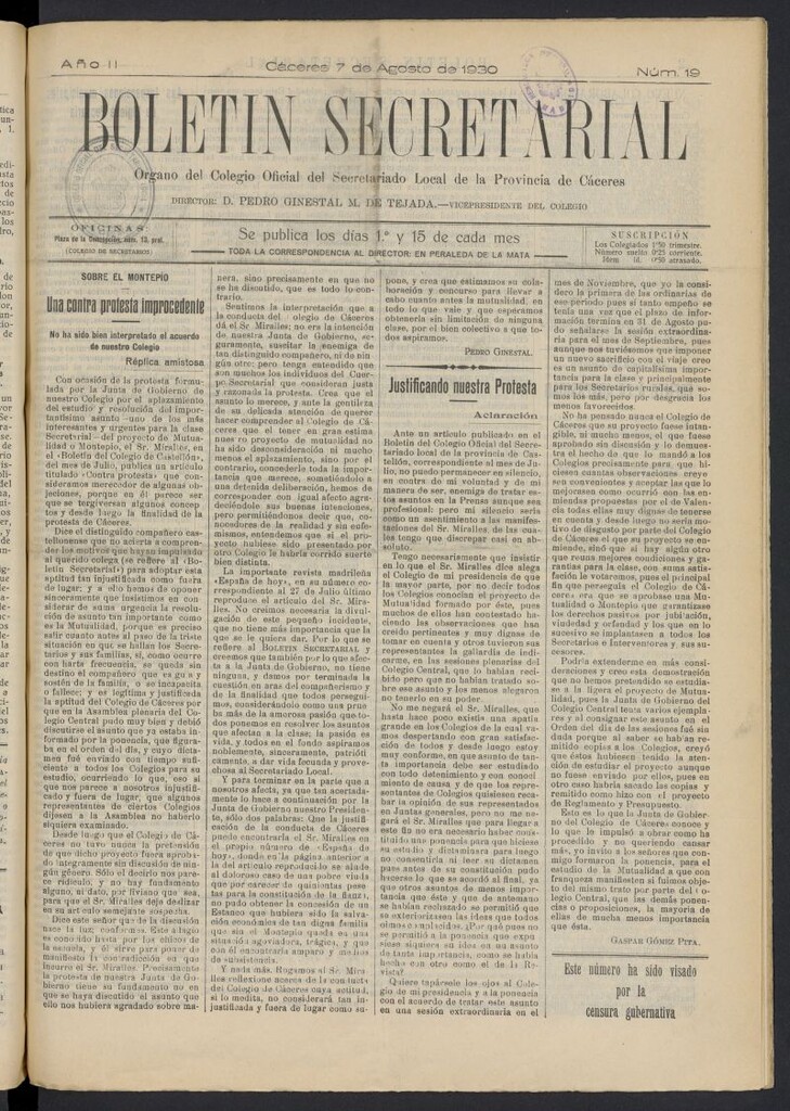 Miniatura de Boletín Secretarial (Cáceres. 1929) del 7 de agosto de 1930