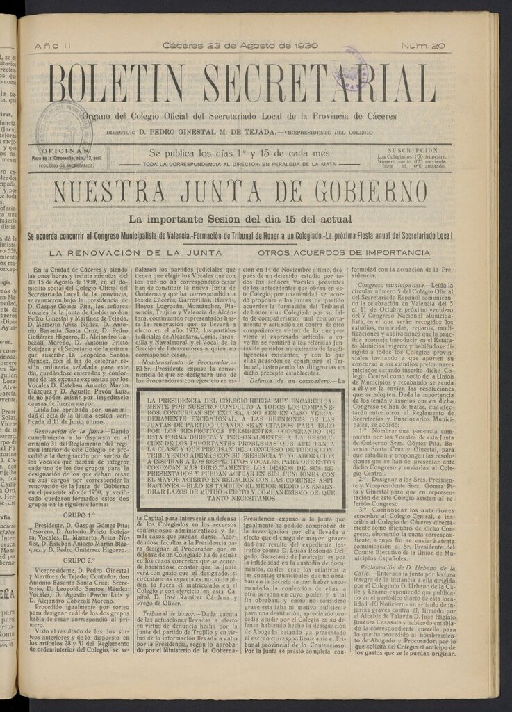 Miniatura de Boletín Secretarial (Cáceres. 1929) del 23 de agosto de 1930