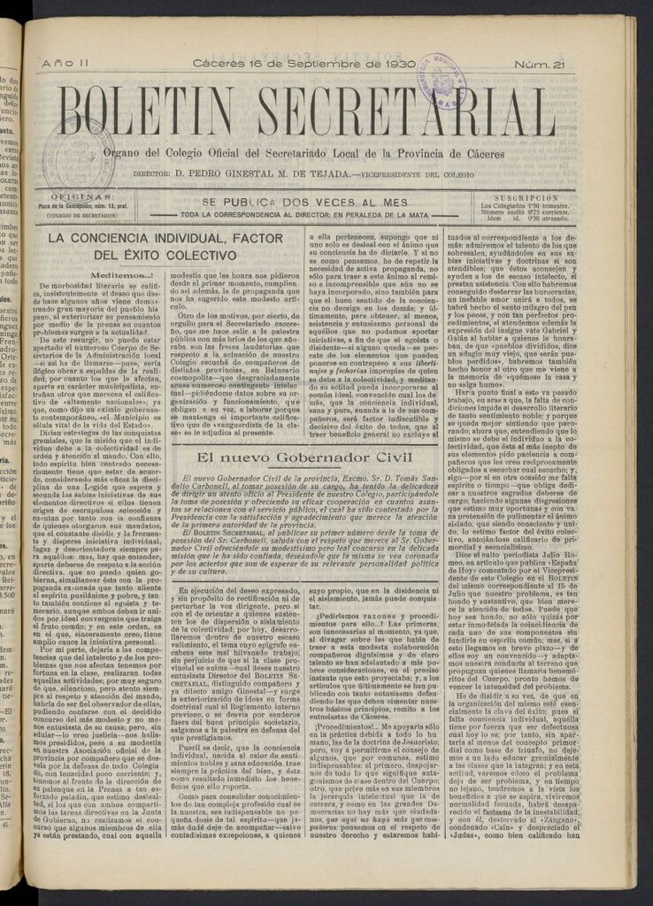 Miniatura de Boletín Secretarial (Cáceres. 1929) del 16 de septiembre de 1930