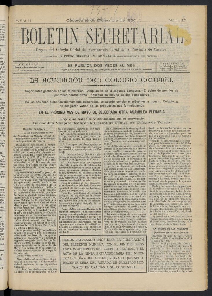 Miniatura de Boletín Secretarial (Cáceres. 1929) del 18 de diciembre de 1930
