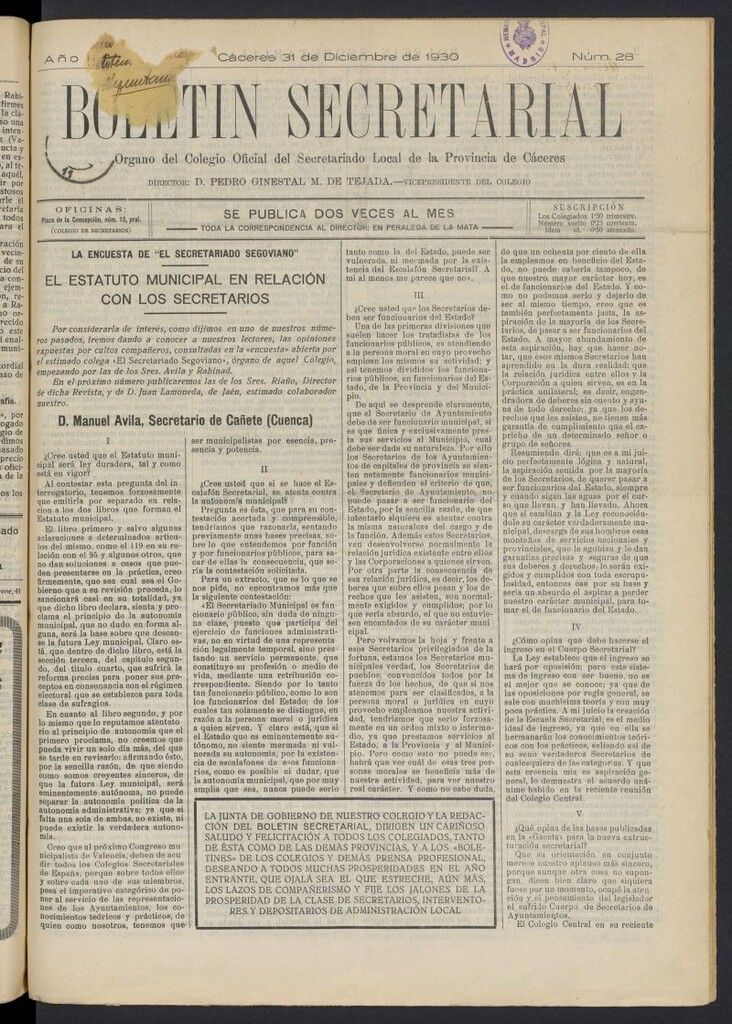 Miniatura de Boletín Secretarial (Cáceres. 1929) del 31 de diciembre de 1930