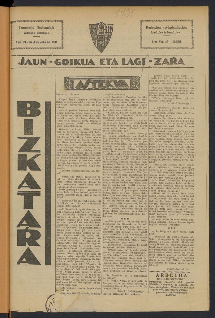 Miniatura de Bizcatara: Semanario nacionalista del 4 de julio de 1933