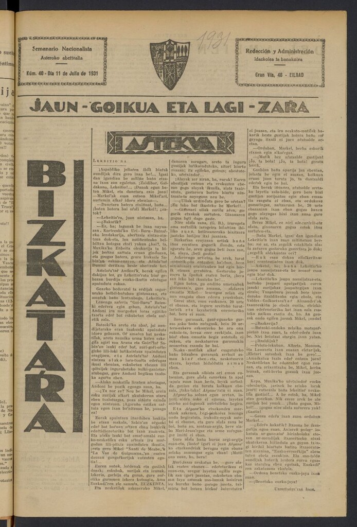 Miniatura de Bizcatara: Semanario nacionalista del 11 de julio de 1931