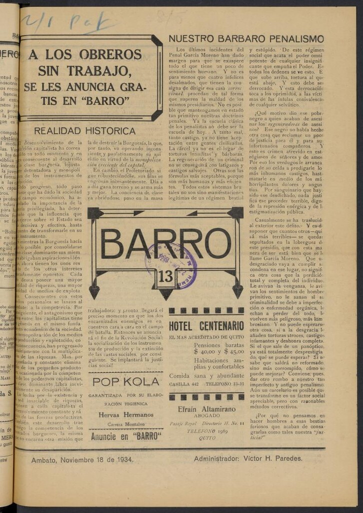 Miniatura de Barro (Ecuador, 1934) del 18 de noviembre de 1934
