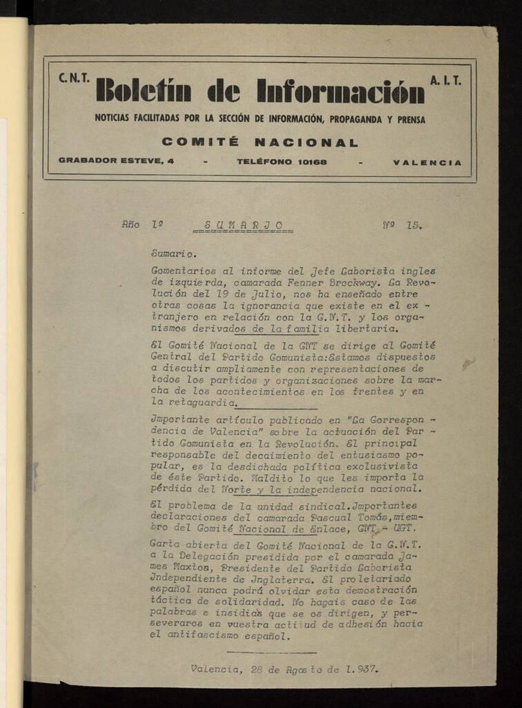Miniatura de Boletín de Información (Valencia. 1937) del 28 de agosto de 1937