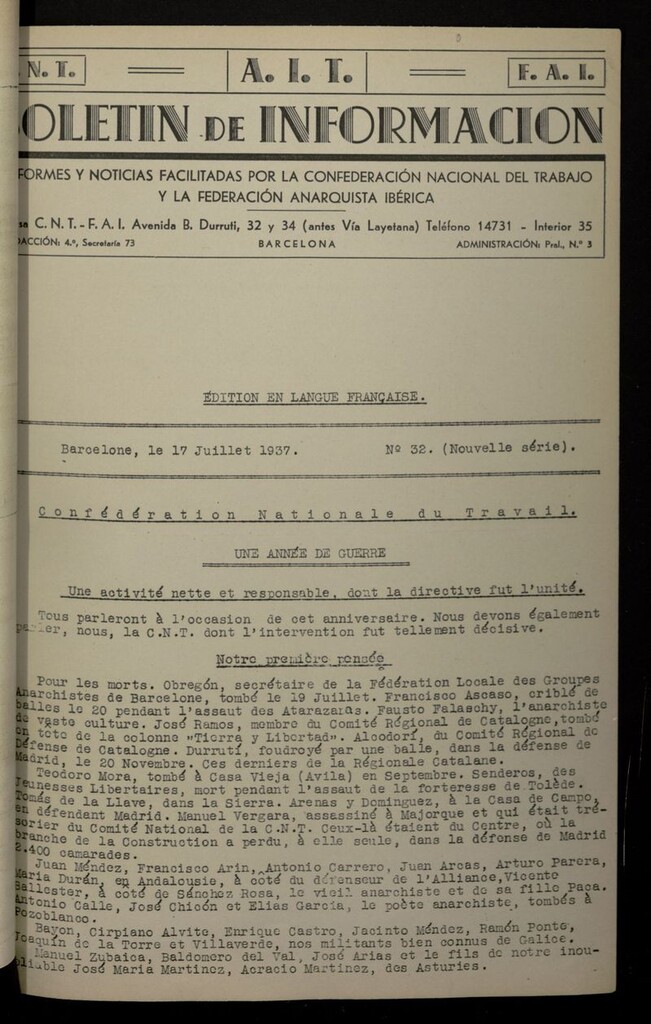 Miniatura de Boletín de Información (Barcelona. 1937) (Ed. en langue française) del 17 de julio de 1937