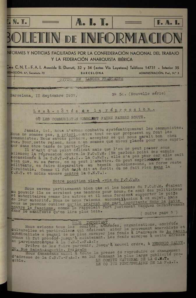 Miniatura de Boletín de Información (Barcelona. 1937) (Ed. en langue française) del 11 de septiembre de 1937