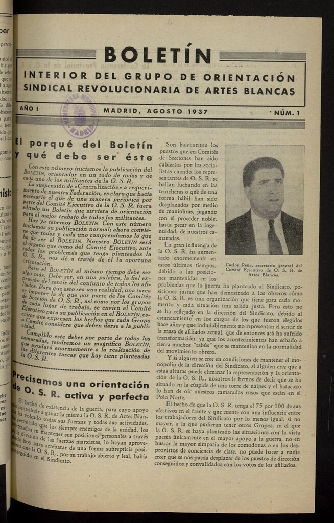 Miniatura de Boletín Interior del Grupo de Orientación Sindical Revolucionaria de Artes Blancas de agosto de 1937