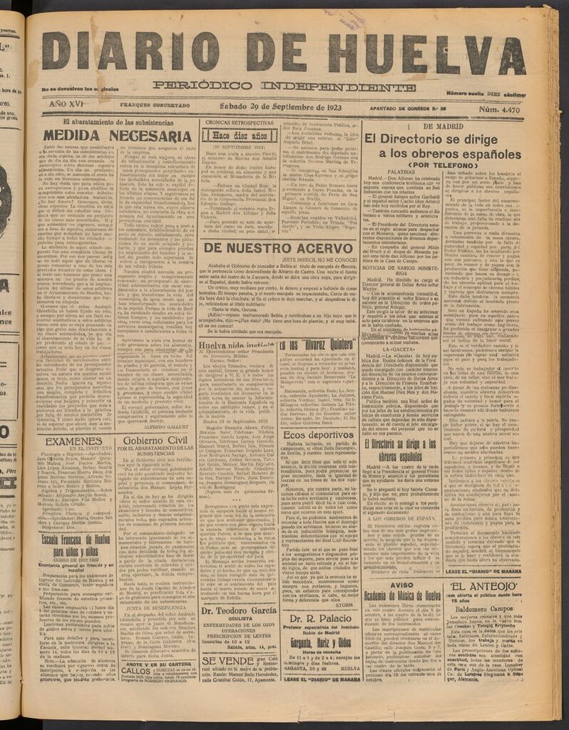 Miniatura de Diario de Huelva : periódico independiente del 29 de septiembre de 1923