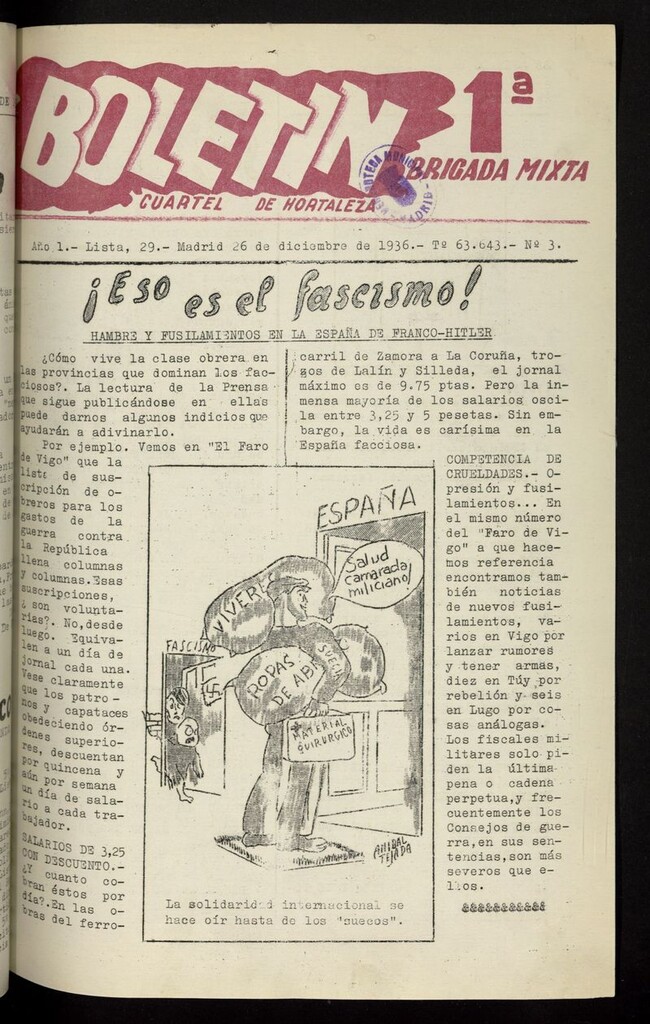 Miniatura de Boletín de la Primera Brigada Mixta. Cuartel de Hortaleza del 26 de diciembre de 1936