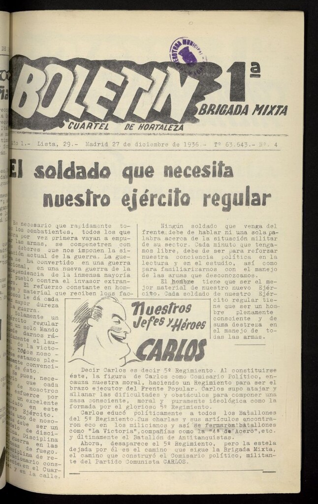 Miniatura de Boletín de la Primera Brigada Mixta. Cuartel de Hortaleza del 27 de diciembre de 1936