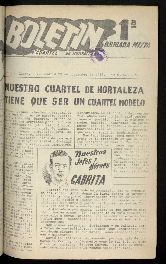 Miniatura de Boletín de la Primera Brigada Mixta. Cuartel de Hortaleza del 29 de diciembre de 1936