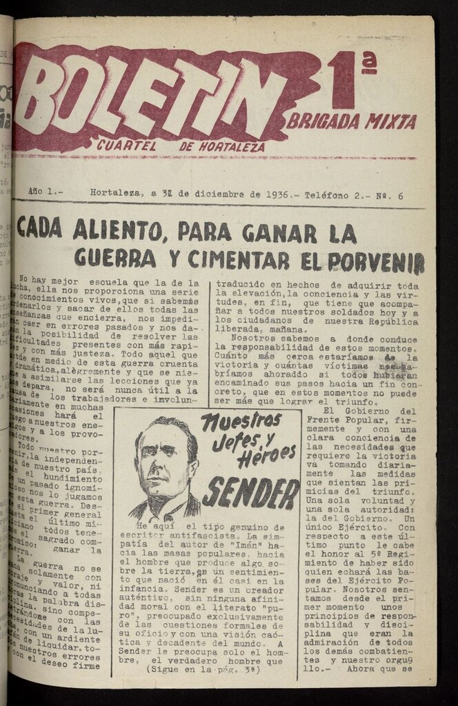 Miniatura de Boletín de la Primera Brigada Mixta. Cuartel de Hortaleza del 31 de diciembre de 1936