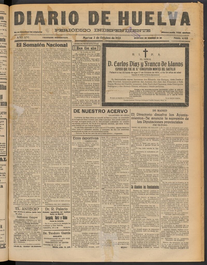 Miniatura de Diario de Huelva : periódico independiente del 2 de octubre de 1923