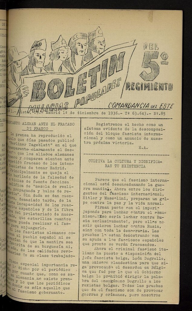 Miniatura de Boletín del 5º Regimiento: Milicias Populares del 1 de diciembre de 1936