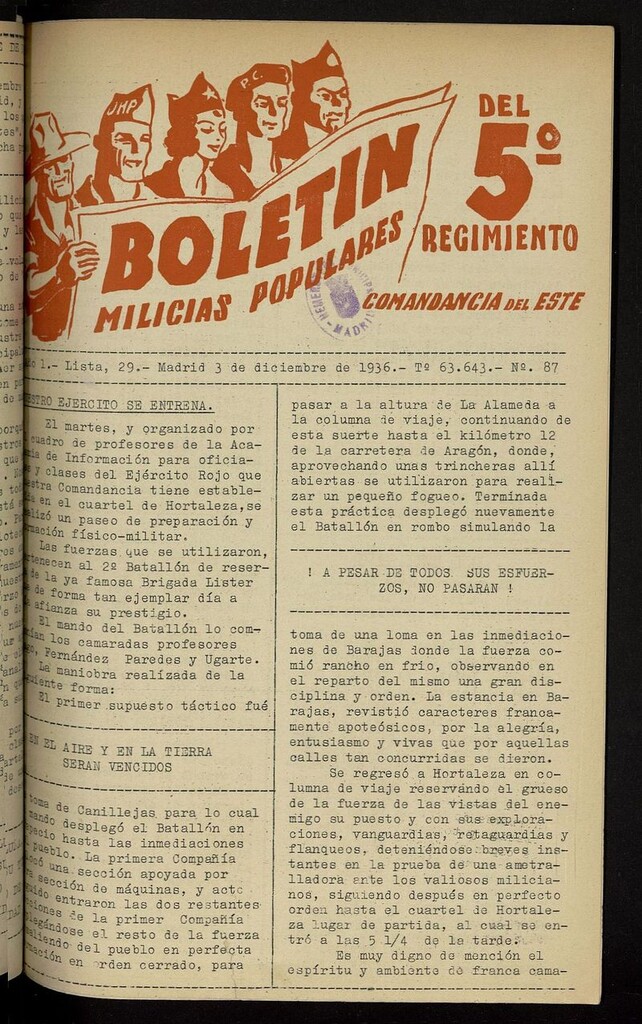 Miniatura de Boletín del 5º Regimiento: Milicias Populares del 3 de diciembre de 1936