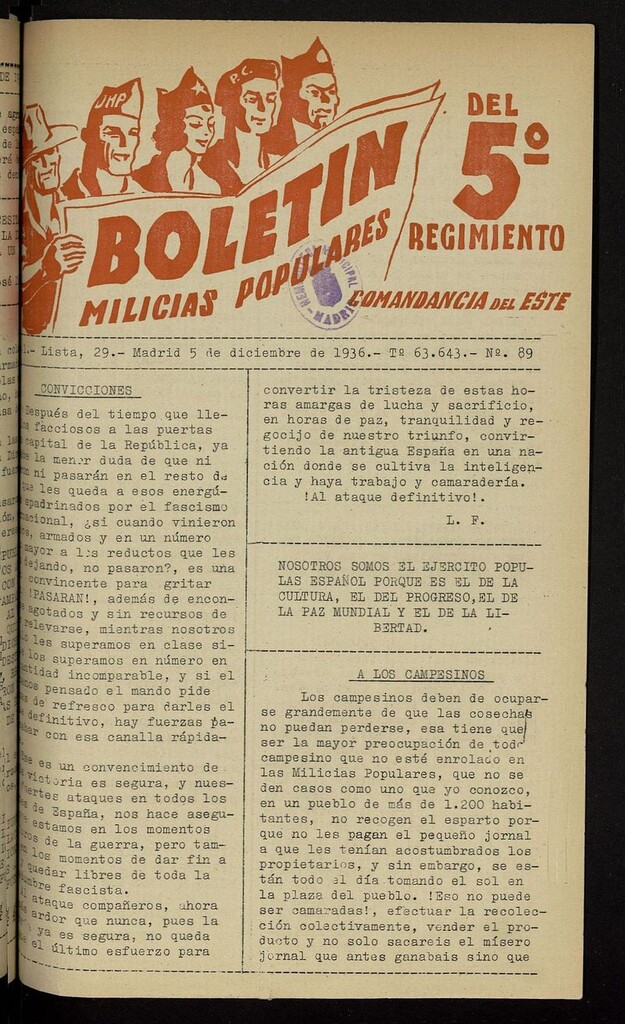 Miniatura de Boletín del 5º Regimiento: Milicias Populares del 5 de diciembre de 1936