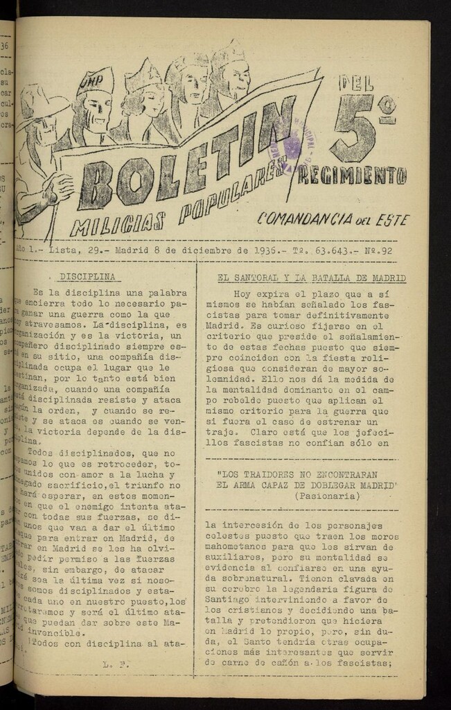 Miniatura de Boletín del 5º Regimiento: Milicias Populares del 8 de diciembre de 1936