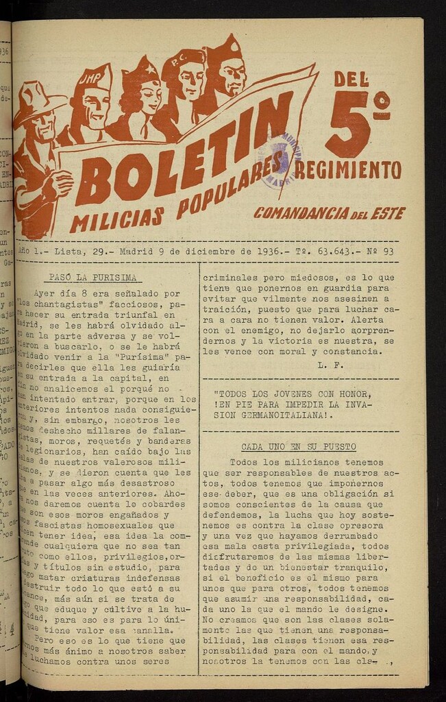 Miniatura de Boletín del 5º Regimiento: Milicias Populares del 9 de diciembre de 1936